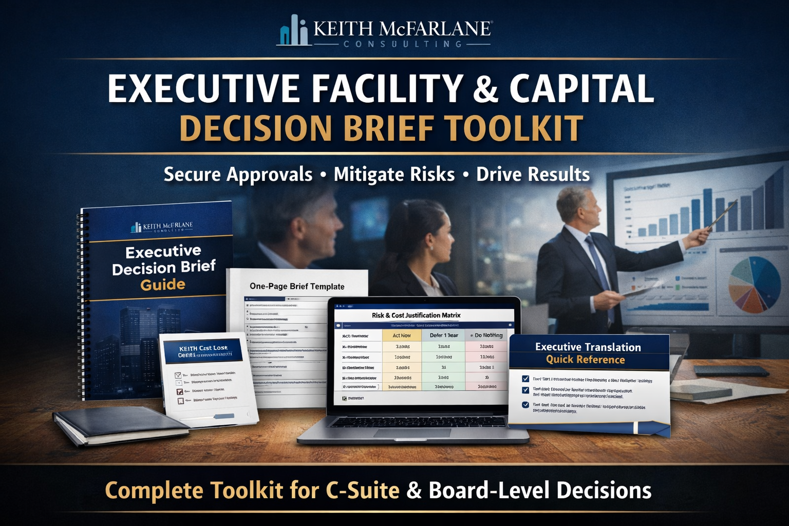 Executive Facility & Capital Decision Brief Toolkit with digital materials on a desk.